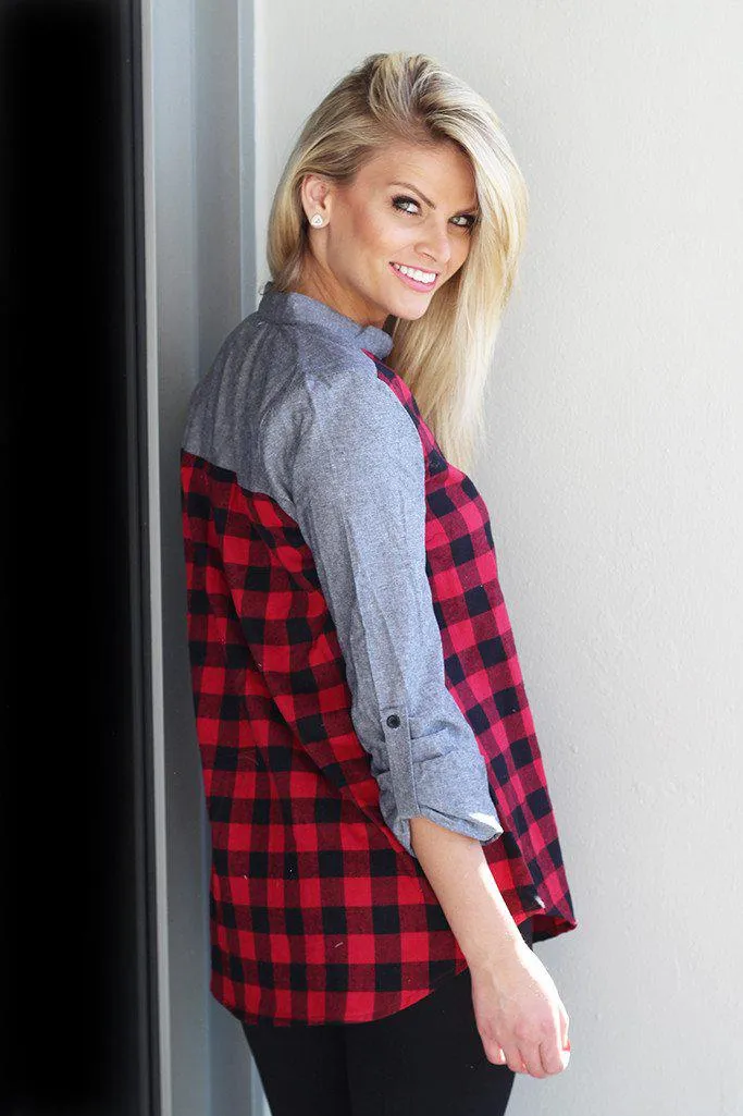 Red And Black Plaid Top With Gray Sleeves