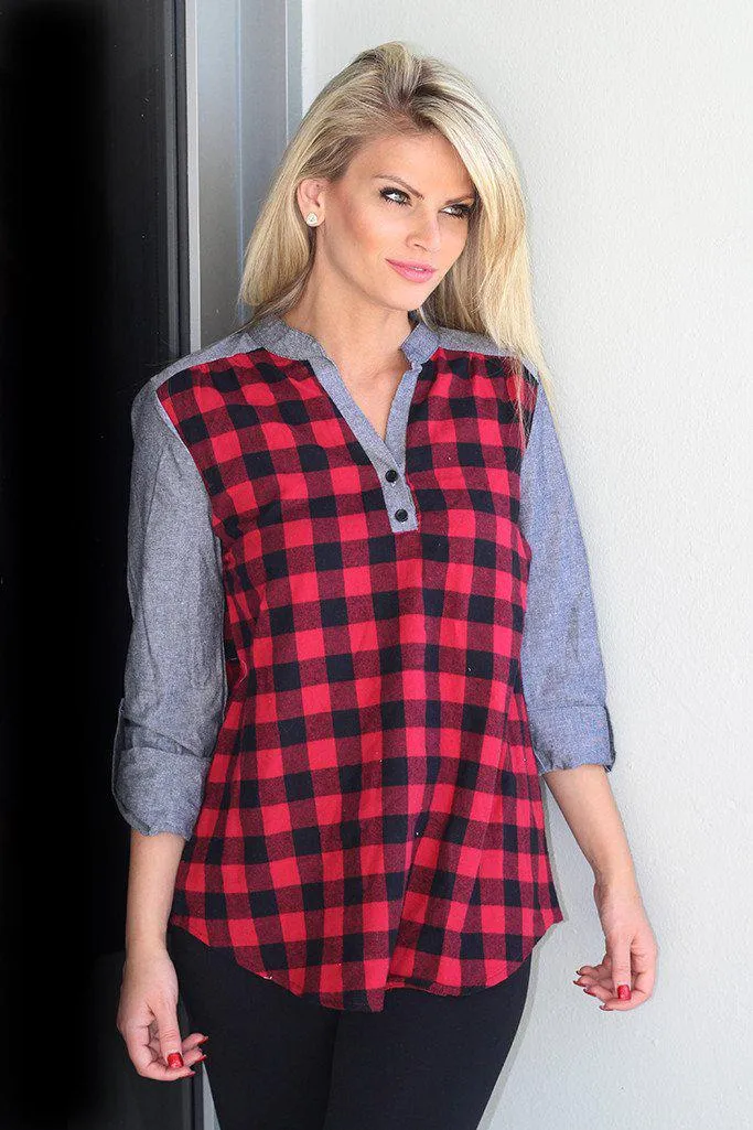 Red And Black Plaid Top With Gray Sleeves