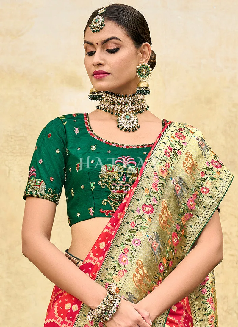 Red And Green Multi Embroidery Traditional Silk Saree