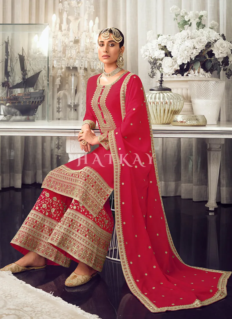 Red Golden Embroidered Wedding Palazzo Suit