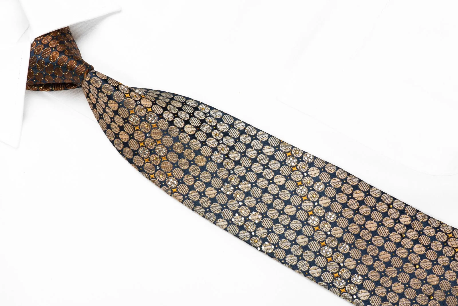 Roberta d Camerino Men's Crystal Rhinestone Silk Necktie Brown Circles On Navy With Gold Sparkles