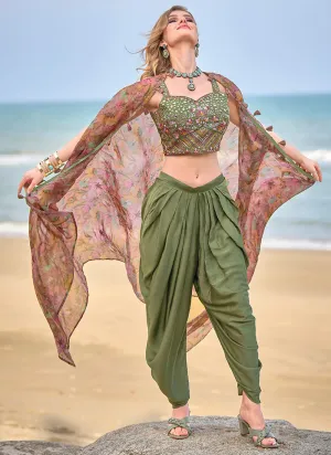 Sage Green Multi Embroidered Cape Style Co-Ord Dhoti Set