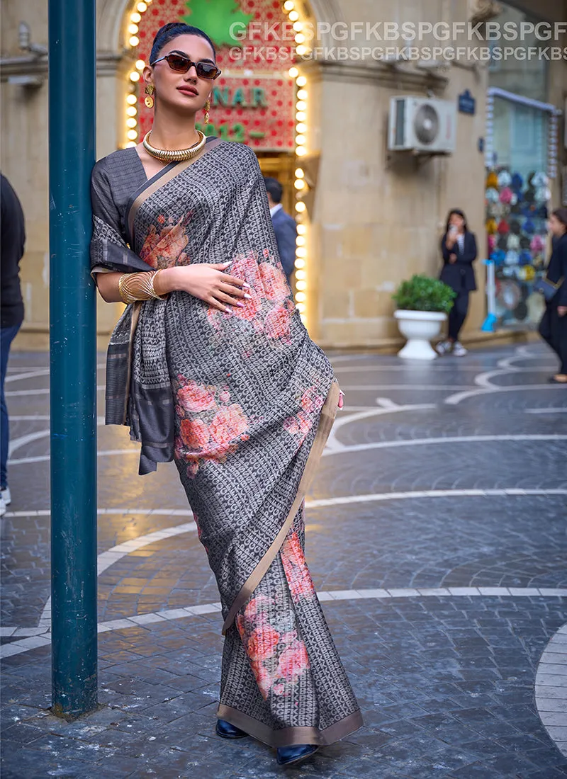 Slate Grey Printed Handloom Woven Viscose Saree