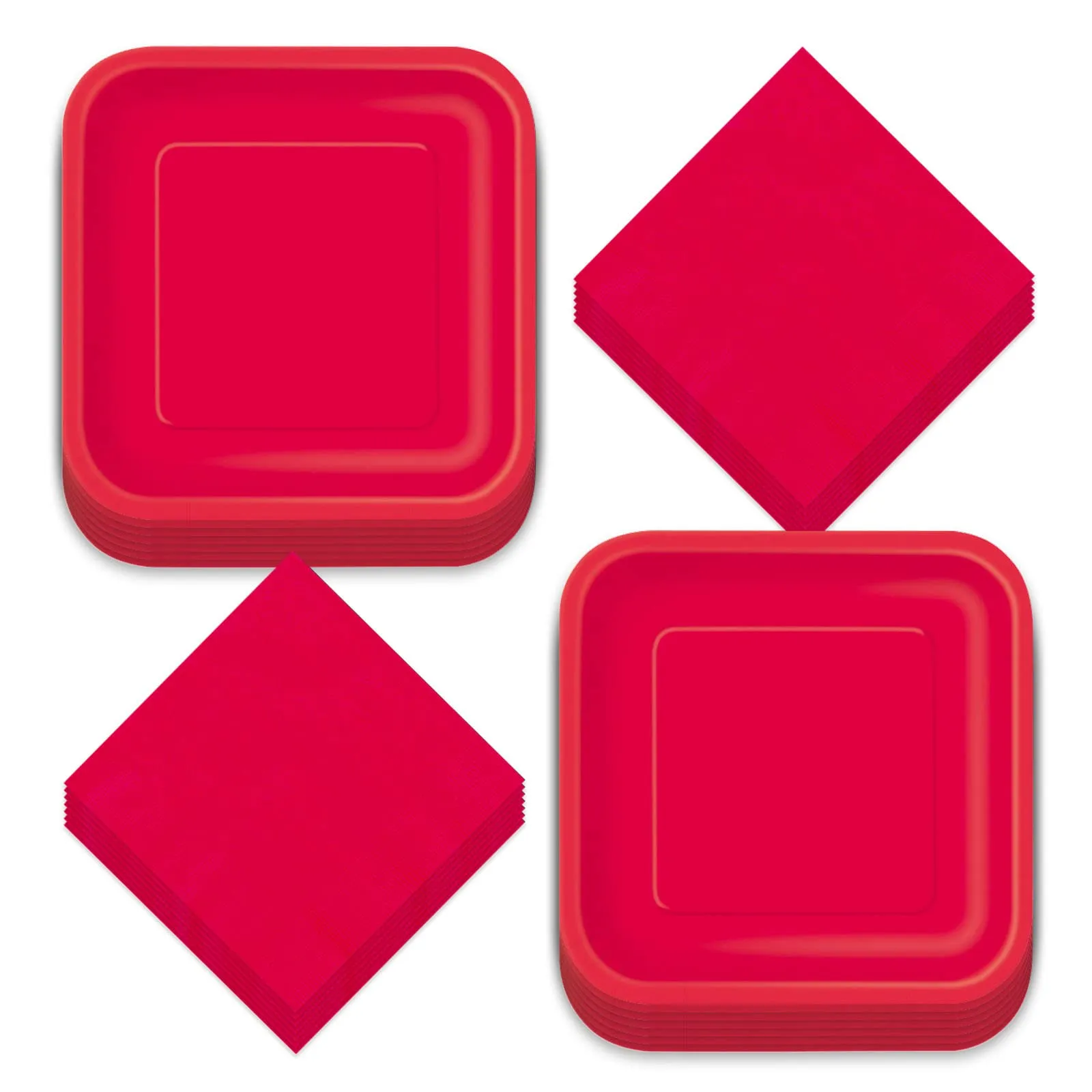 Solid Ruby Red Square Paper Dinner Plates and Lunch Napkins (Serves 14)