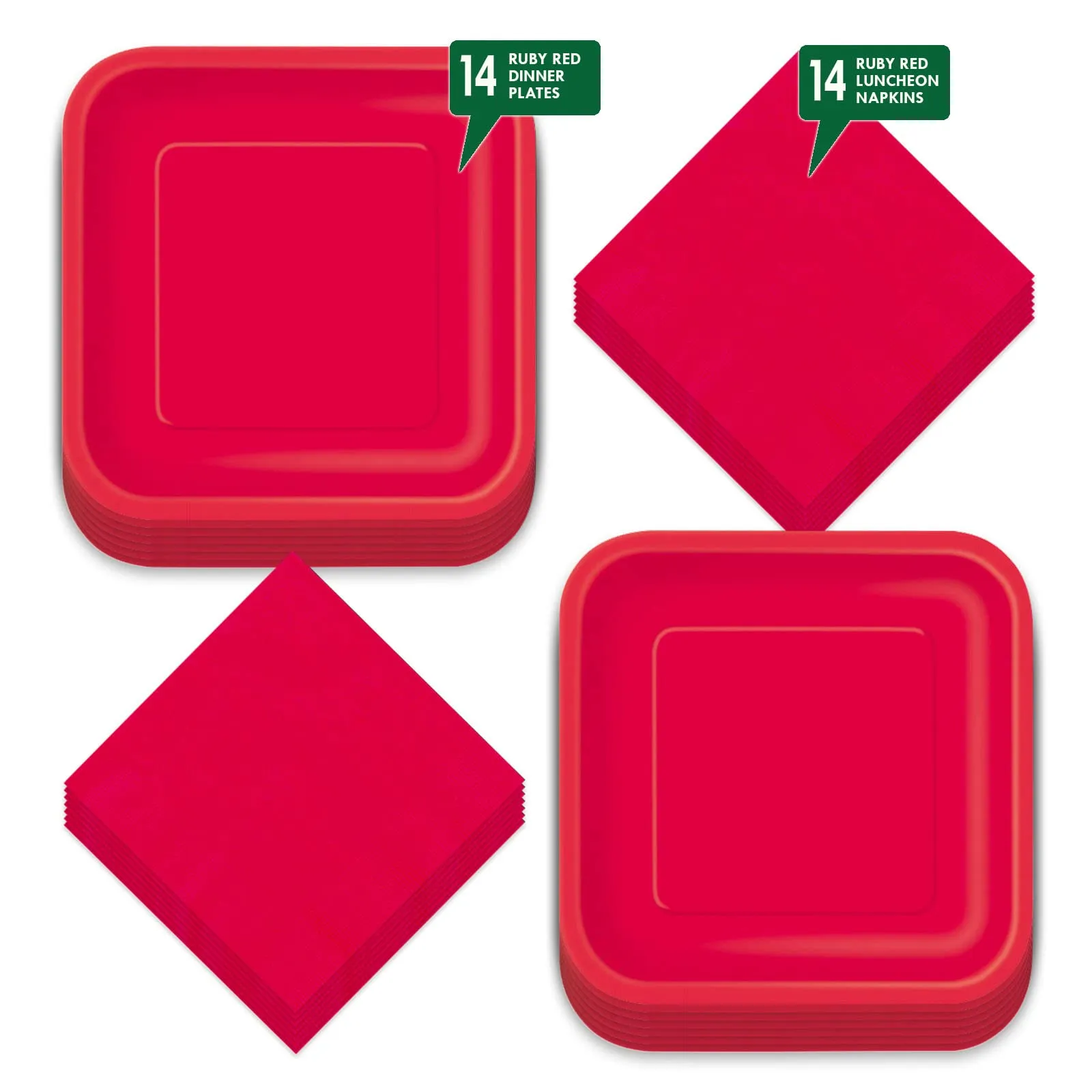 Solid Ruby Red Square Paper Dinner Plates and Lunch Napkins (Serves 14)