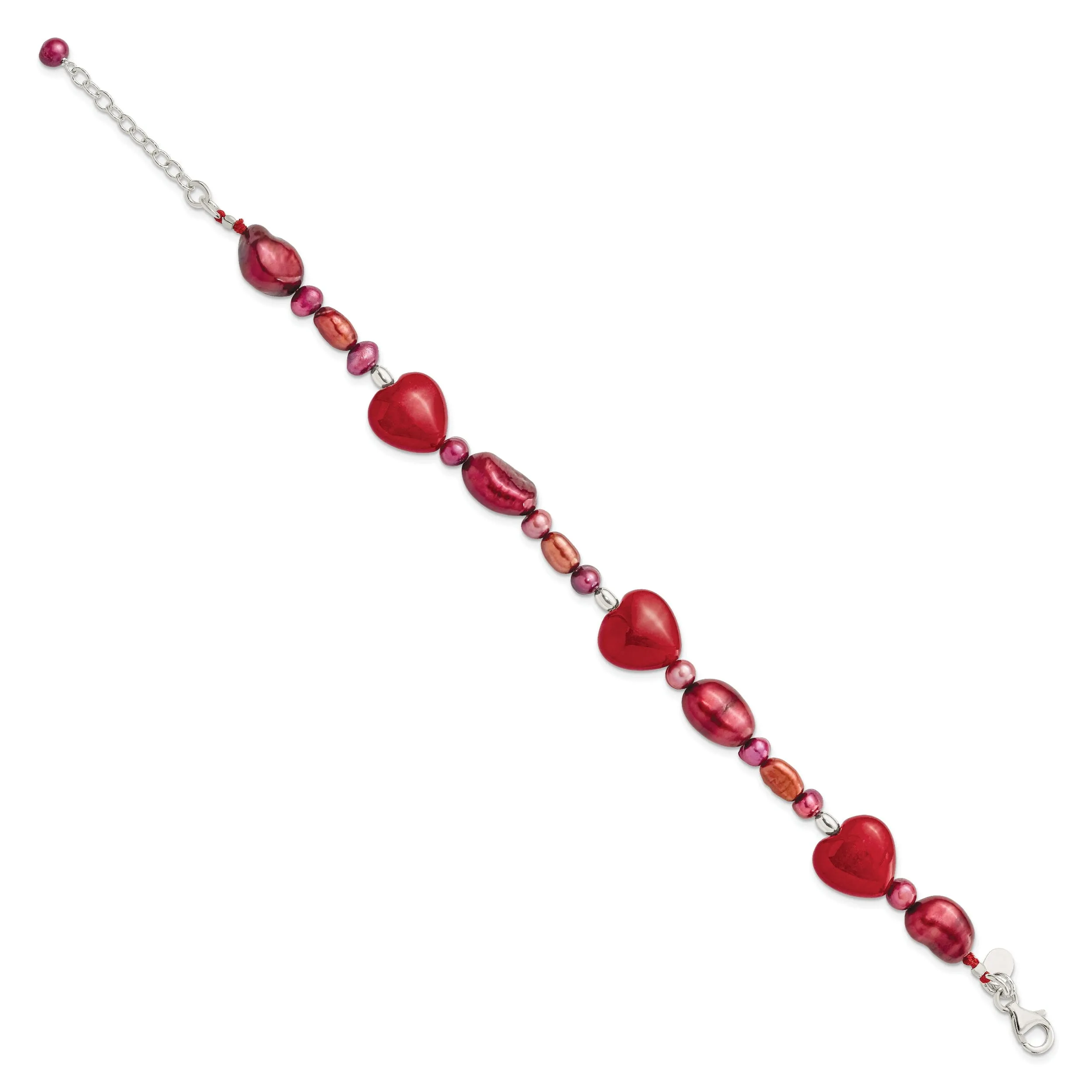 Sterling Silver Red Jade Hearts Pearl Bracelet