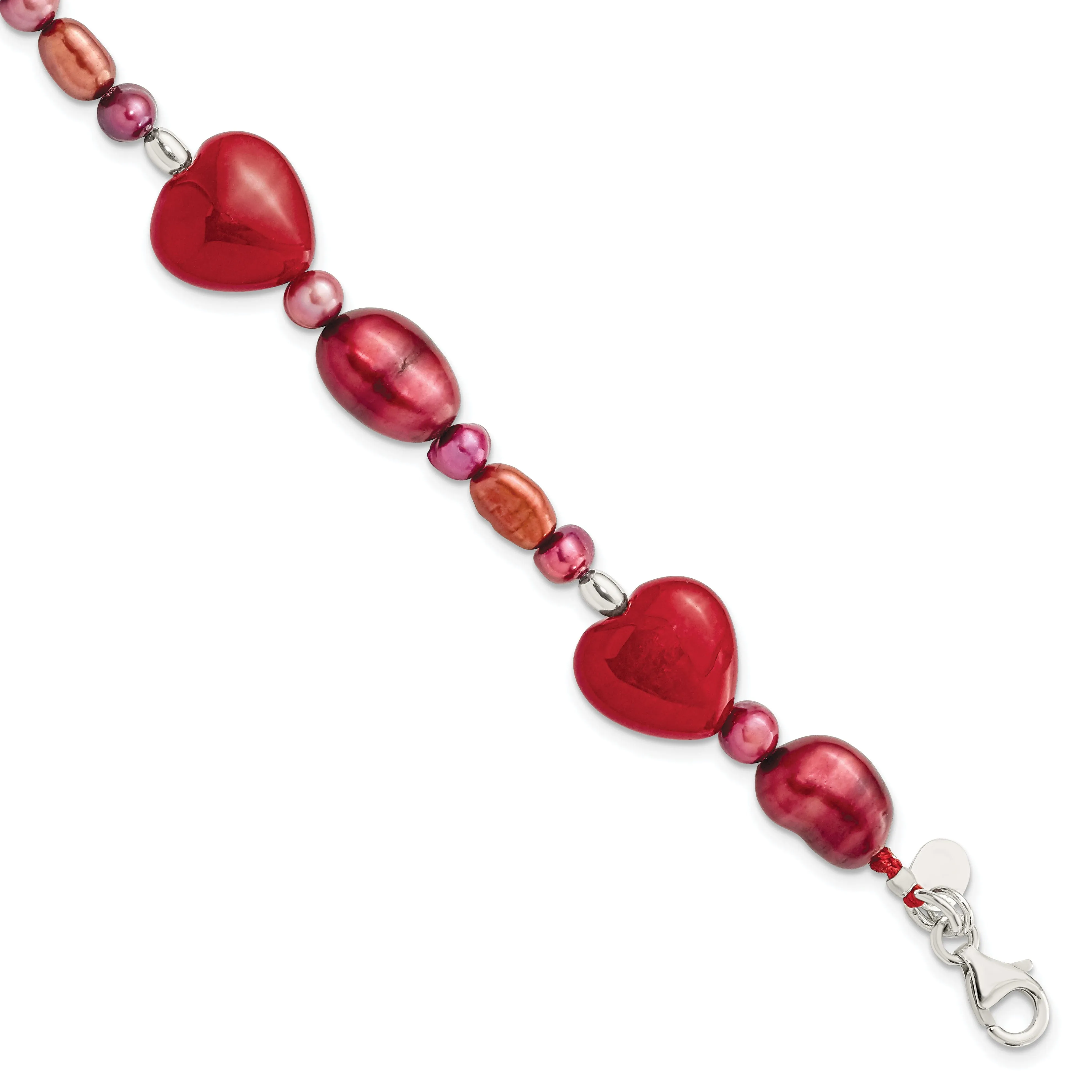 Sterling Silver Red Jade Hearts Pearl Bracelet