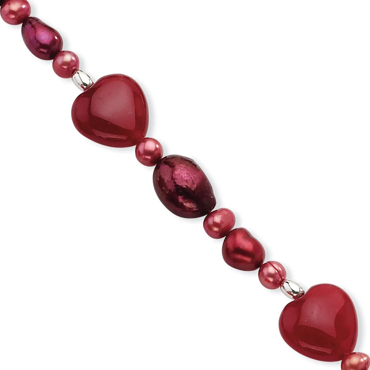 Sterling Silver Red Jade Hearts Pearl Bracelet