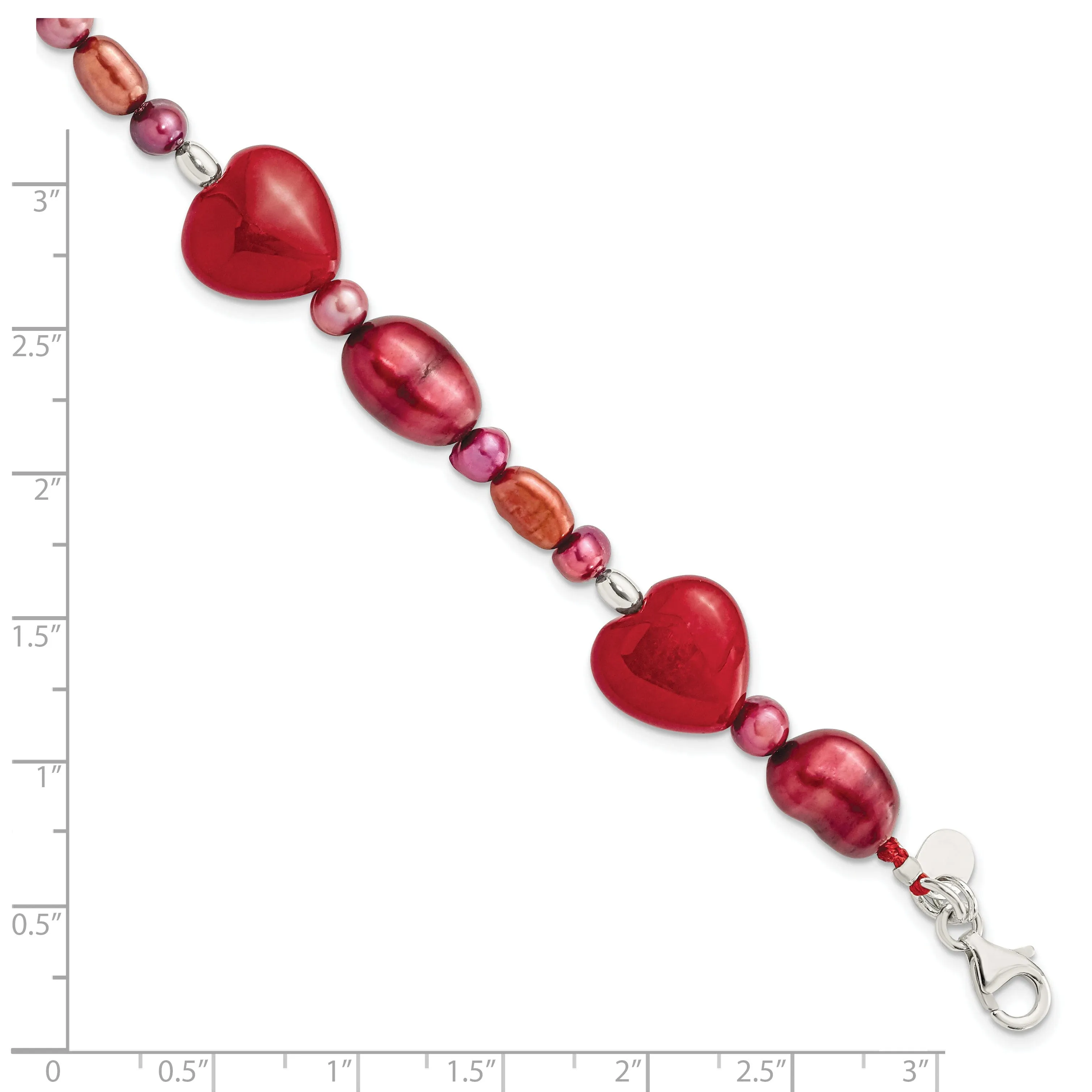 Sterling Silver Red Jade Hearts Pearl Bracelet