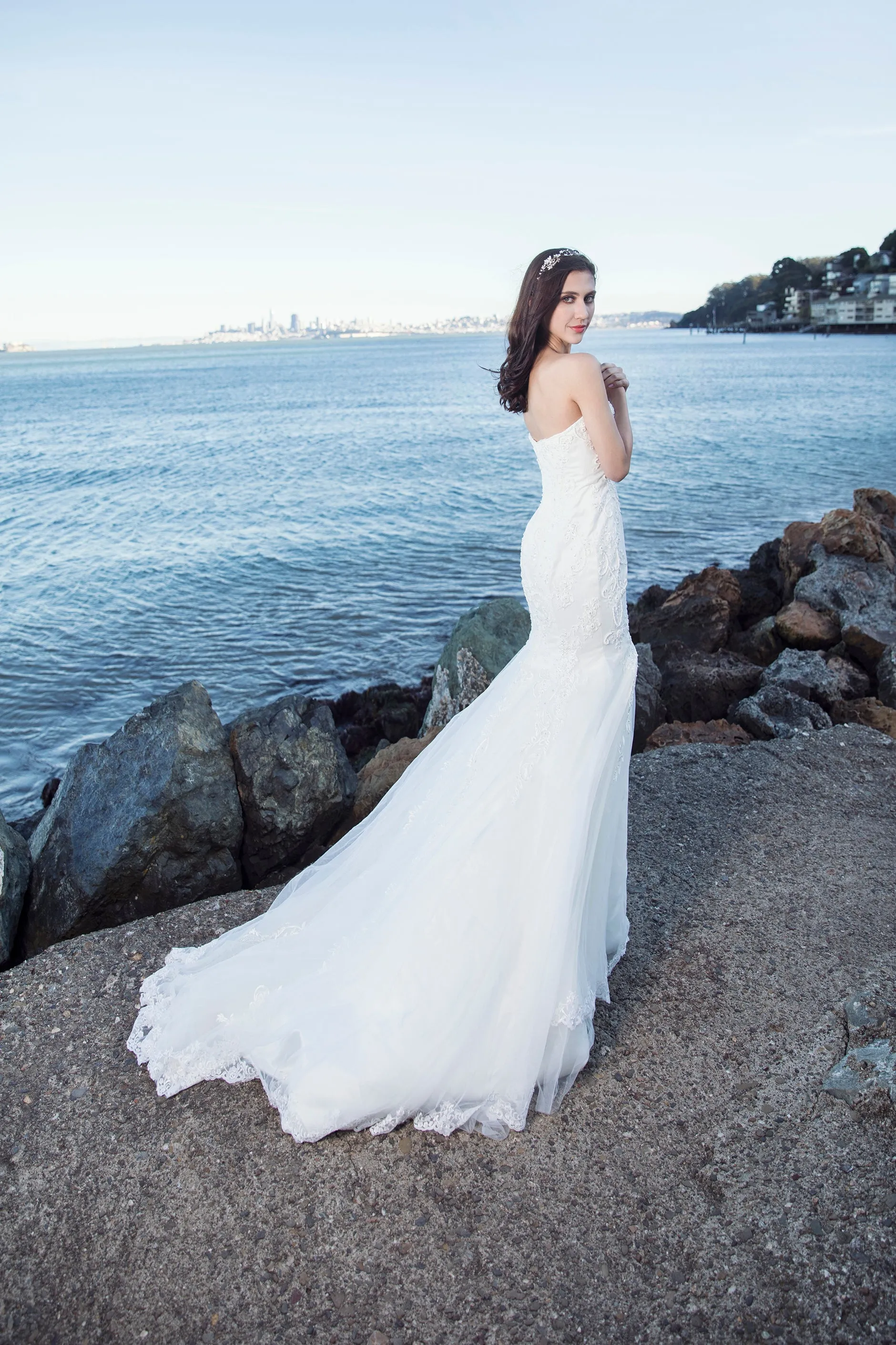 Sweet Marguerit - Selena Huan Strapless Beaded Abstract Chantilly Lace Mermaid Gown