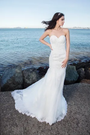 Sweet Marguerit - Selena Huan Strapless Beaded Abstract Chantilly Lace Mermaid Gown