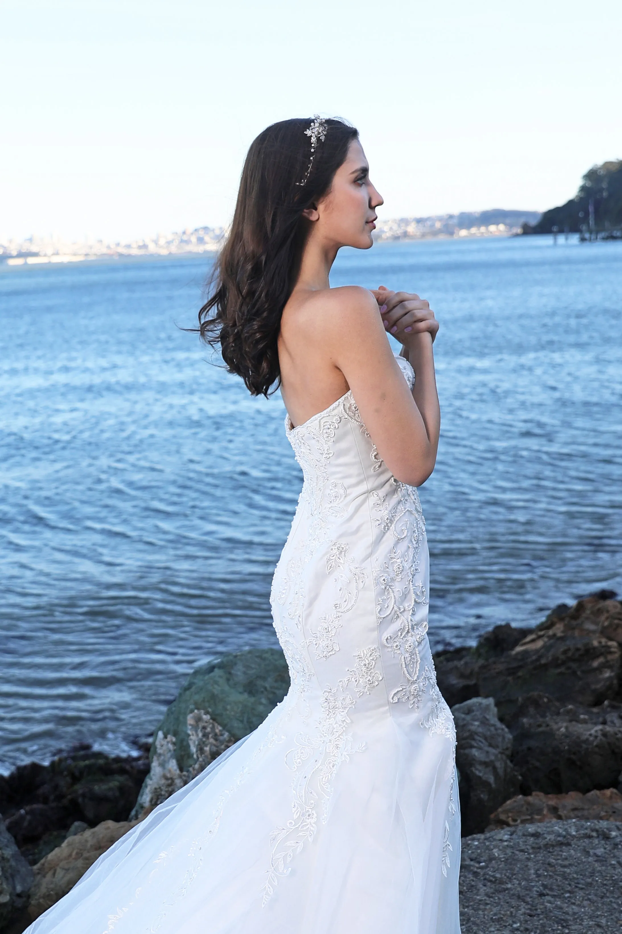 Sweet Marguerit - Selena Huan Strapless Beaded Abstract Chantilly Lace Mermaid Gown