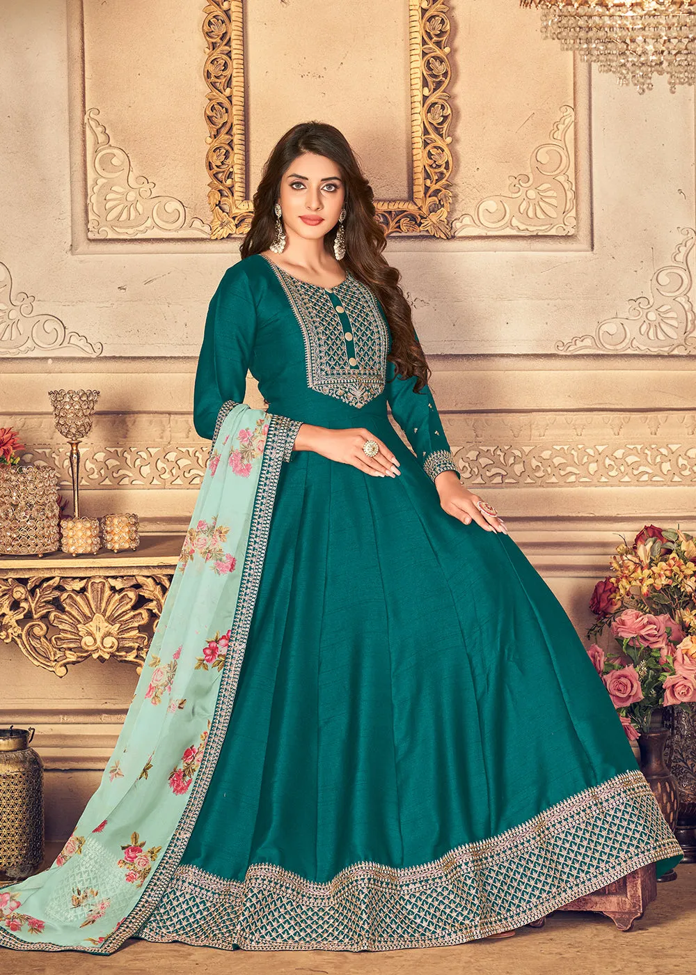 Teal Green Silk Beautifully Embroidered Floor Length Anarkali