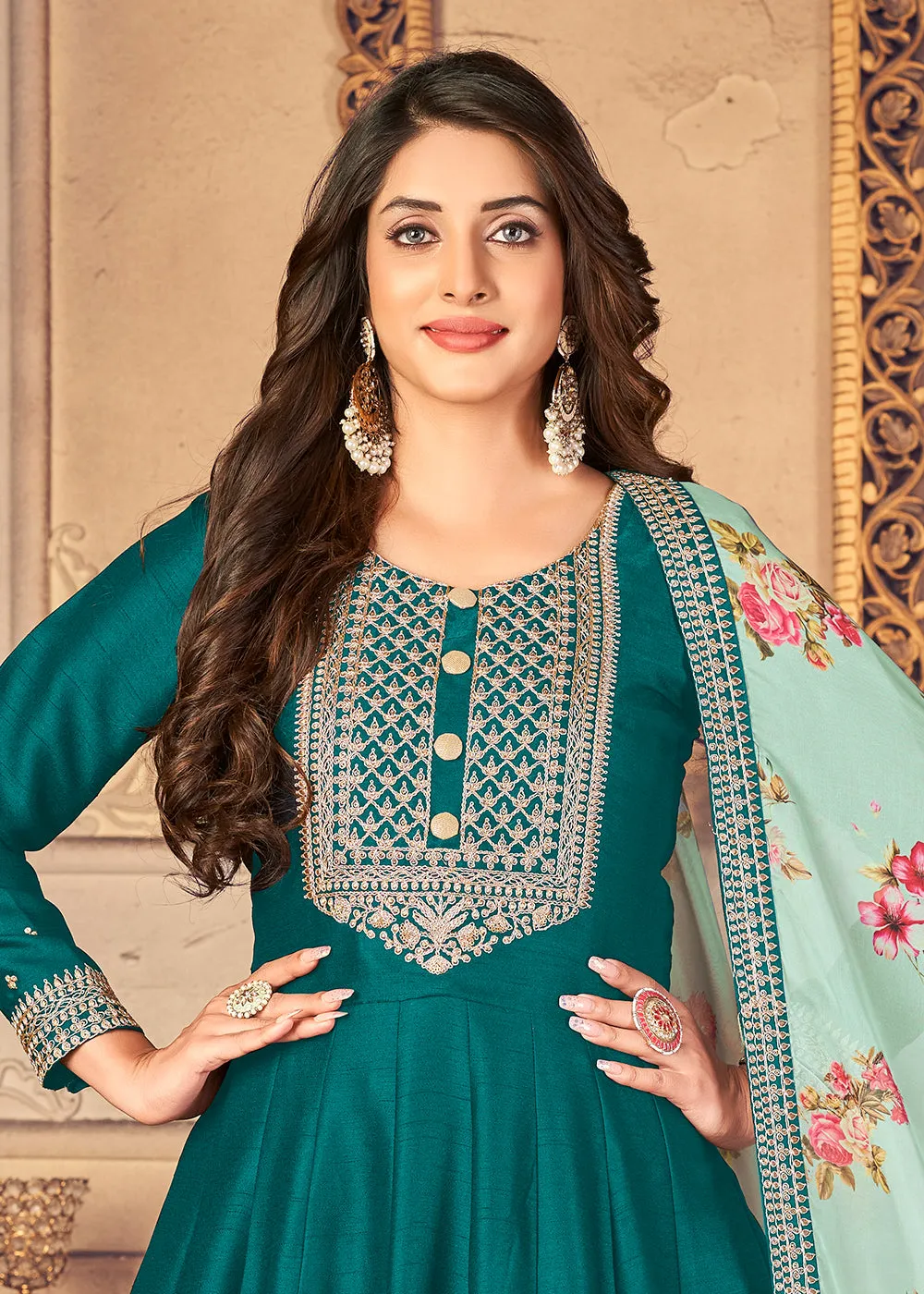 Teal Green Silk Beautifully Embroidered Floor Length Anarkali