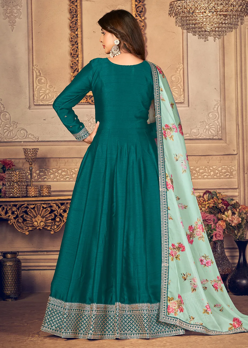 Teal Green Silk Beautifully Embroidered Floor Length Anarkali