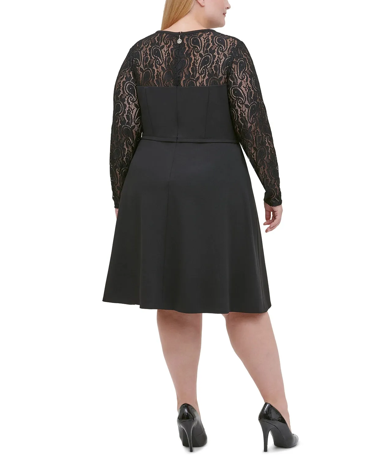 Tommy Hilfiger Women's Lace Sleeve Fit & Flare Dress Black Size Petite Small