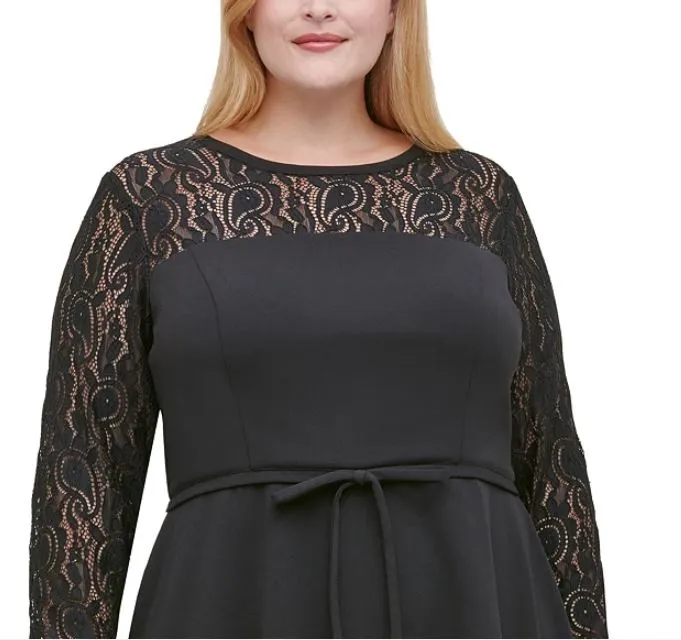 Tommy Hilfiger Women's Lace Sleeve Fit & Flare Dress Black Size Petite Small