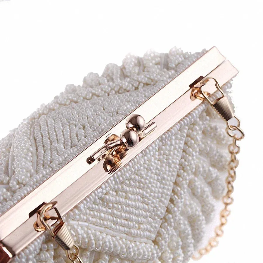 Trendy Clutch Pearl Beaded Shell Chain Party Bag