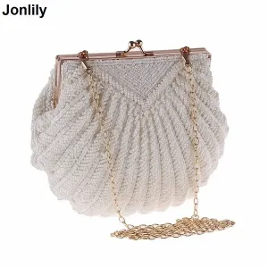 Trendy Clutch Pearl Beaded Shell Chain Party Bag