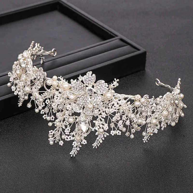 Trendy Handmade  Baroque Rhinestone Pearl Crystal Wedding Bridal Crown Hair Accessory