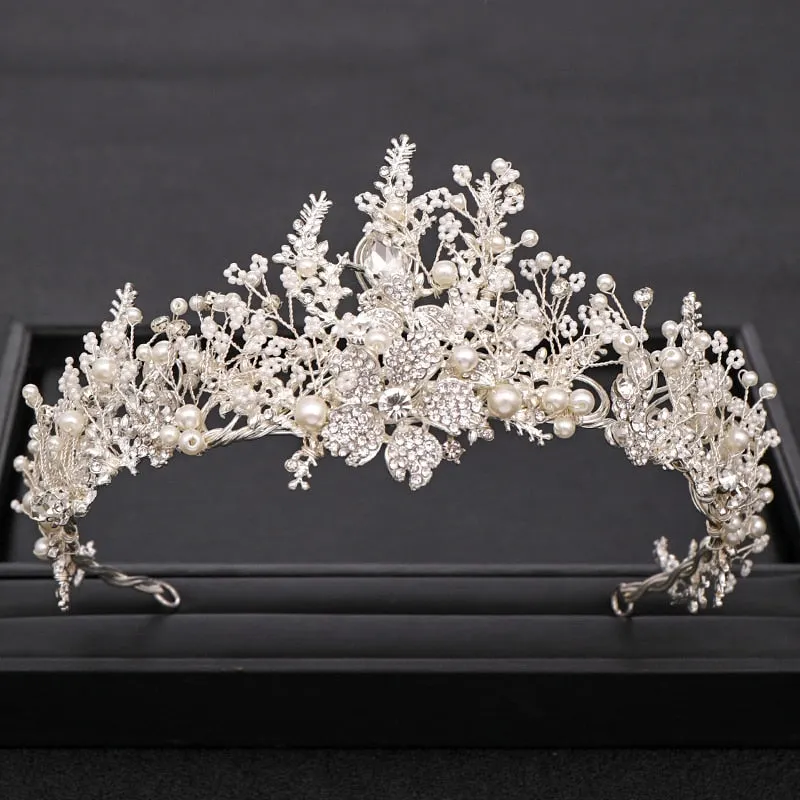 Trendy Handmade  Baroque Rhinestone Pearl Crystal Wedding Bridal Crown Hair Accessory