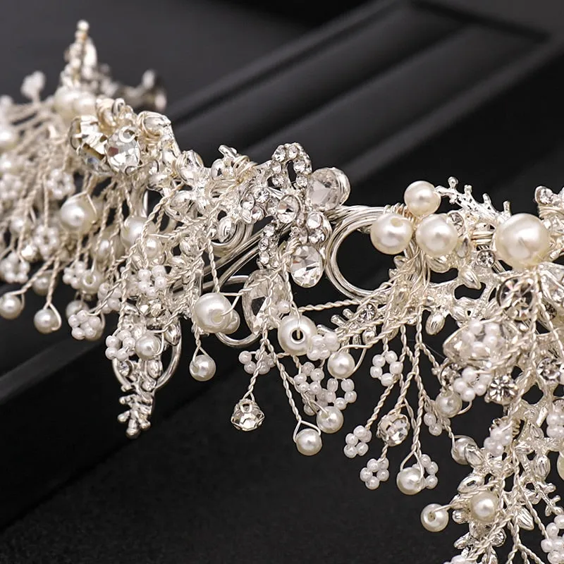 Trendy Handmade  Baroque Rhinestone Pearl Crystal Wedding Bridal Crown Hair Accessory