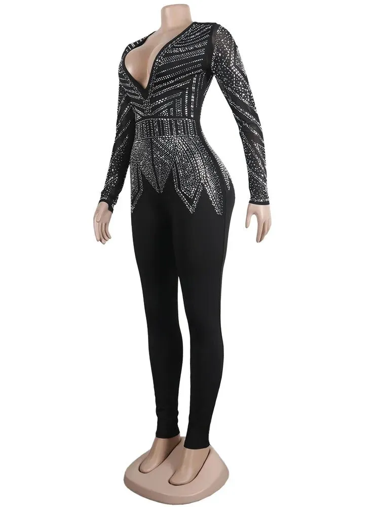 Trendy Long Sleeve Black Rhinestone Romper