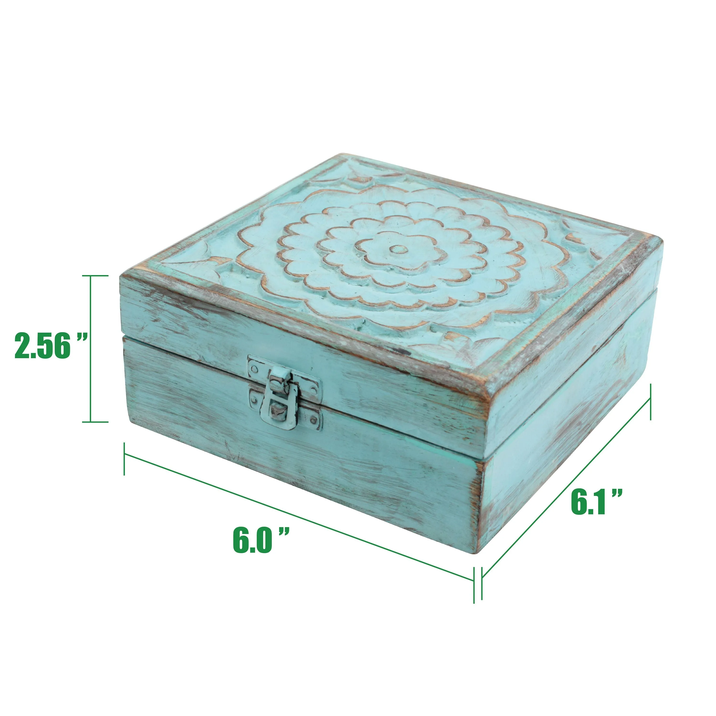 Weathered Sky Blue Wood Box with Hinges and Carved Floral Design (WS)