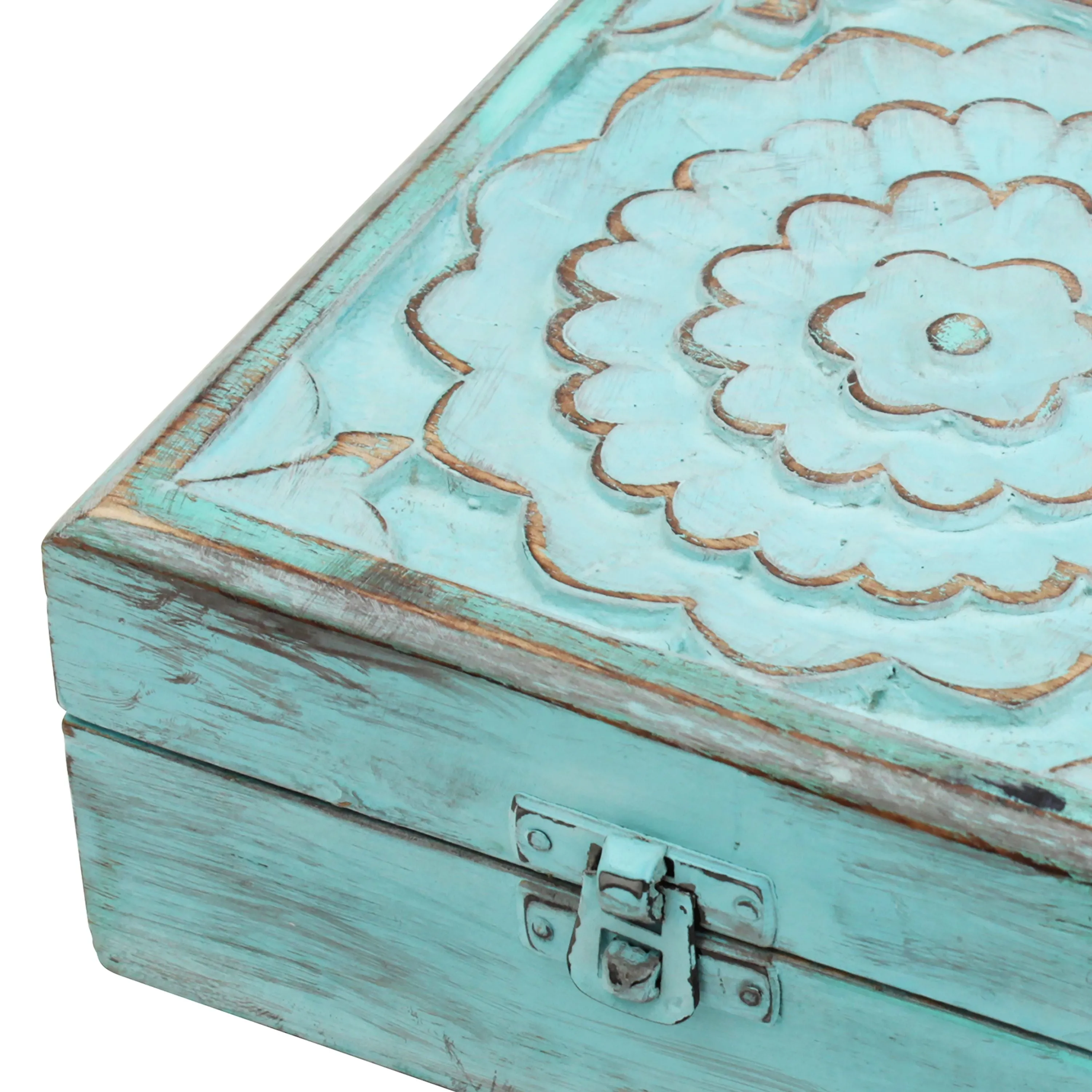 Weathered Sky Blue Wood Box with Hinges and Carved Floral Design (WS)