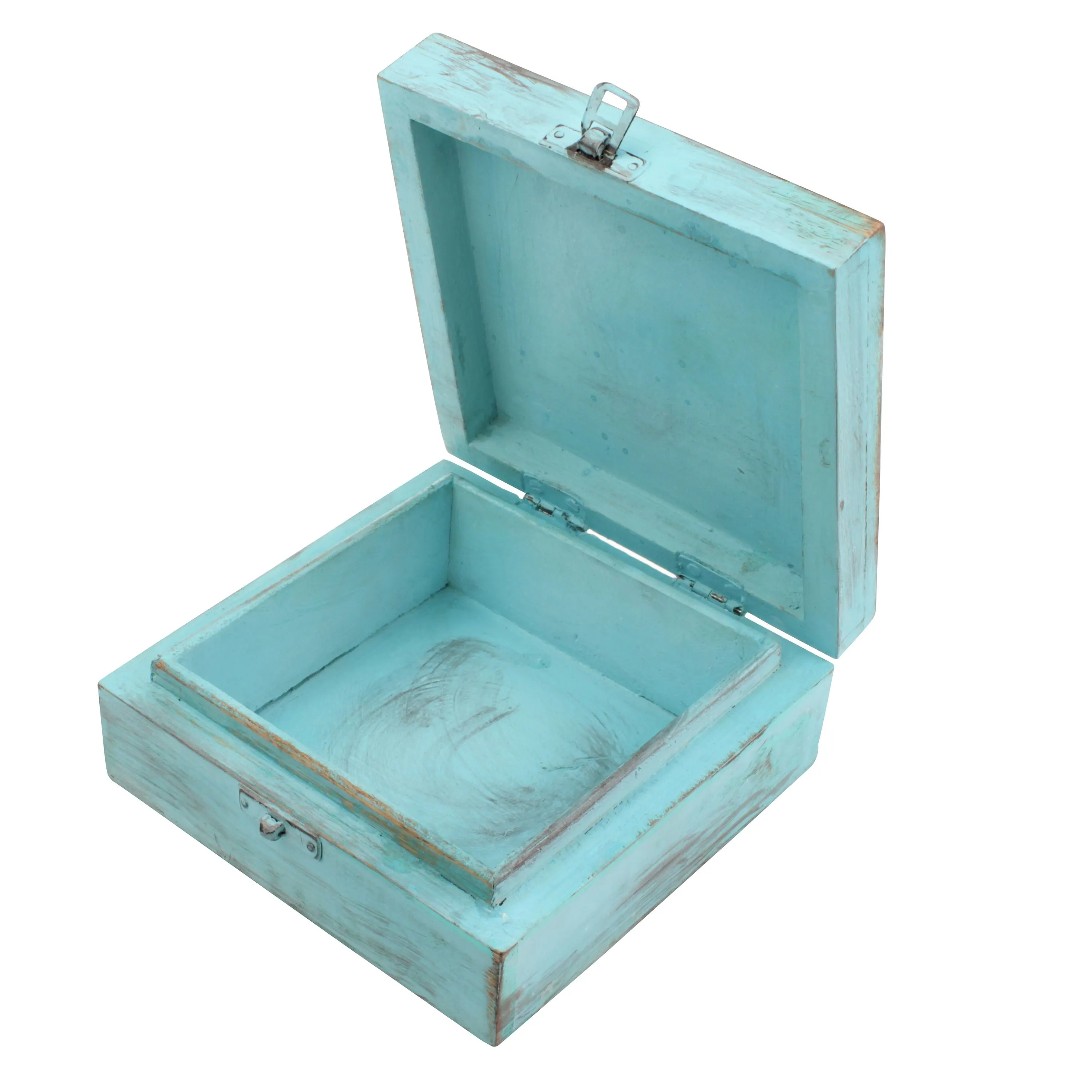 Weathered Sky Blue Wood Box with Hinges and Carved Floral Design (WS)