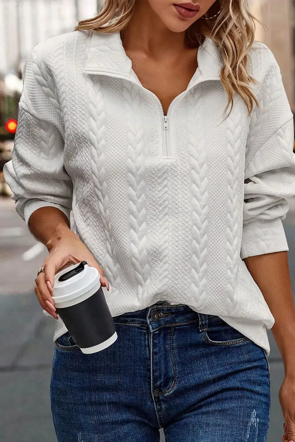 White Cable Textured Sweatshirt