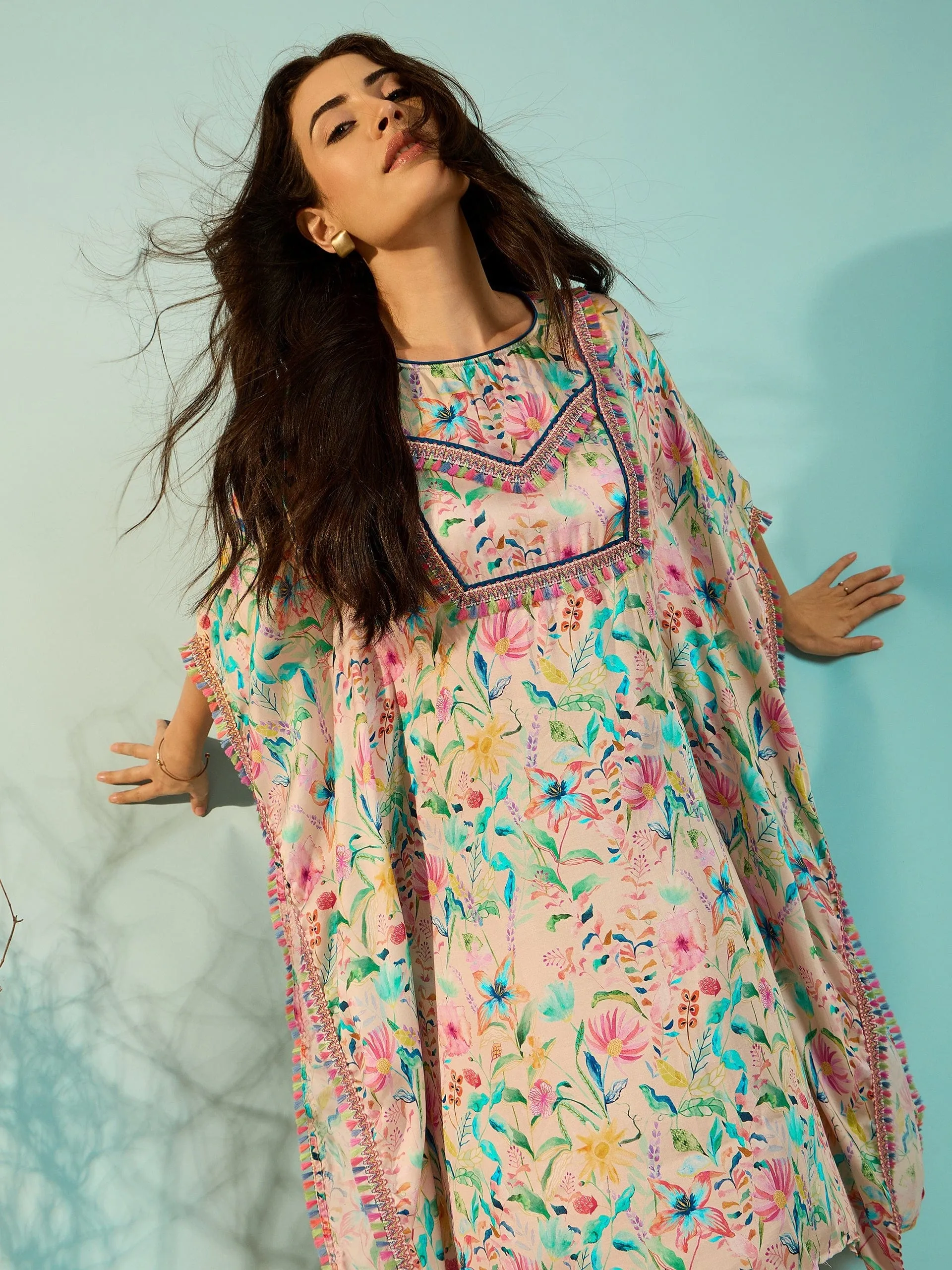 White Floral Printed Glamorous Satin Day Kaftan Dress