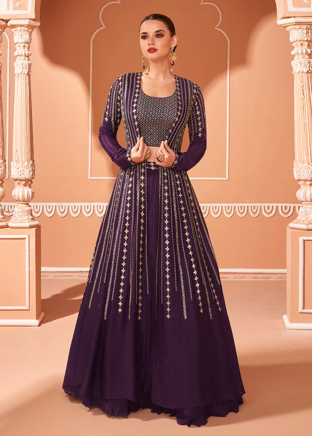 Wine Embroidered Georgette Jacket Style Lehenga Choli