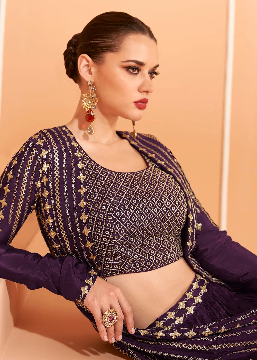 Wine Embroidered Georgette Jacket Style Lehenga Choli