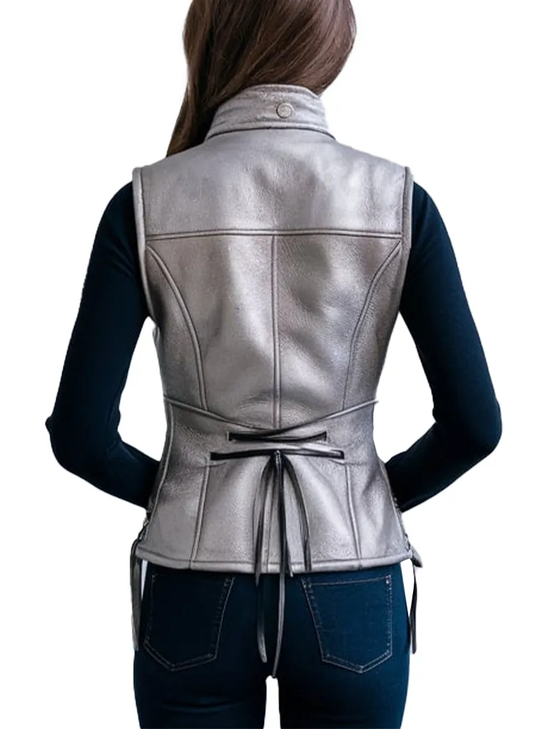 Women's Silver Leather Vest With Lace-Up Sides