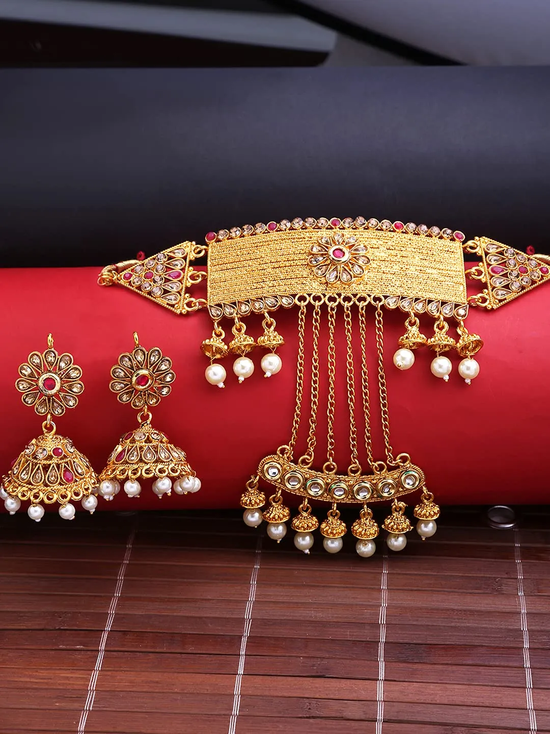 Yellow Chimes Ethnic Gold Plated Studded stones Flower Jhumka design Pearl Traditional Choker Necklace Set for Women and Girls, Medium (YCTJNS-67CKRPRL-GL)